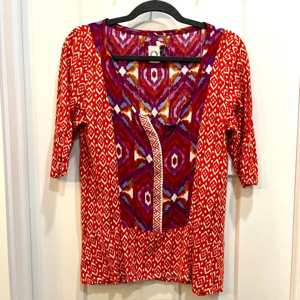 Akemi + Kin Anthropologie Women Purple Red Ikat Popover Top Sz Large 3/4 Sleeves